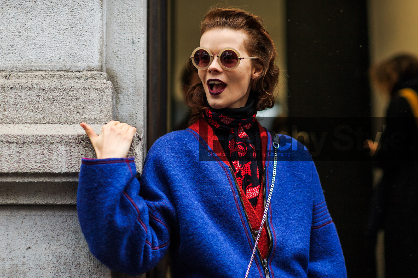 atmosphere details, AUTUMN WINTER 2016-2017, AW 16-17, black scarf, blue coat, dark lips, detail, FALL WINTER 2016-2017, fashion week, frenchystyle, fun sunglasses, FW, FW 16-17, horizontal, irina kravchenko, jonathan paciullo, LFW, LONDON, MENSWEAR, model, portrait, printed scarf, red cardigan, red head, red jacket, red knit, red sweater, street style, sunglasses