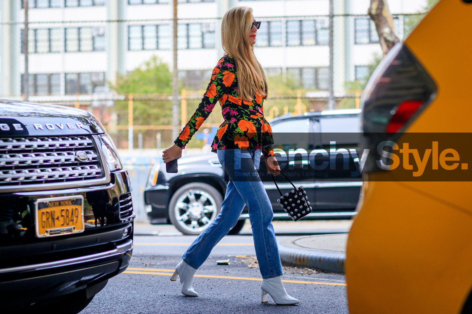 alexander wang, atmosphere details, balenciaga, black bag, blue denim, denim pants, fashion week, floral, flowers, frenchystyle, full length, FW, high heels, horizontal, jeans, joanna hillman, jonathan paciullo, leather bag, leather shoes, multicolor top, NEW YORK, NYFW, printed top, red lips, SPRING SUMMER 2018, SS 18, street style, studs, sunglasses, trousers, white boots