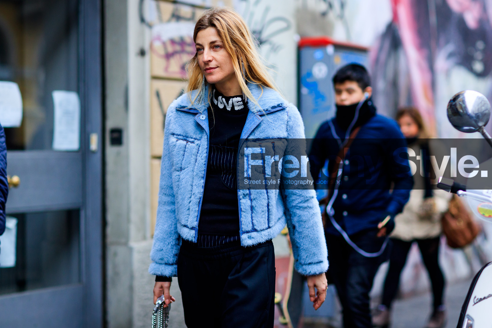 ada kokosar, atmosphere details, AUTUMN WINTER 2017-2018, AW 17-18, black jumpsuit, black pants, black sweater, blue fur coat, blue jacket, detail, earrings, FALL WINTER 2017-2018, fashion week, fendi, frenchystyle, fur jacket, FW, FW 17-18, horizontal, jonathan paciullo, MFW, MILAN, street style, trousers