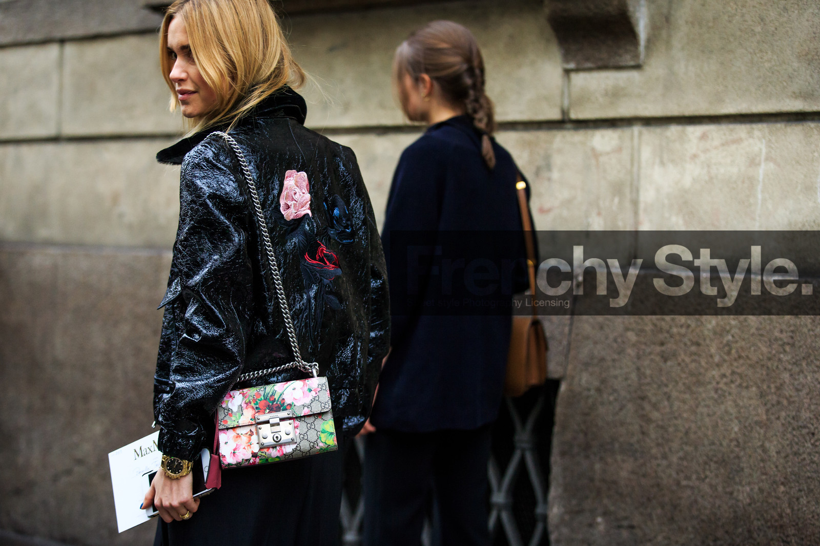 atmosphere details, AUTUMN WINTER 2016-2017, AW 16-17, back detail, black jacket, black pants, black perfecto, detail, embroidered jacket, embroideries, FALL WINTER 2016-2017, fashion week, floral, flower, frenchystyle, FW, FW 16-17, gucci, horizontal, jonathan paciullo, leather bag, leather jacket, leather perfecto, LFW, LONDON, MENSWEAR, pernille teisbaek, printed bag, street style, trousers, varnished leather, wide pants