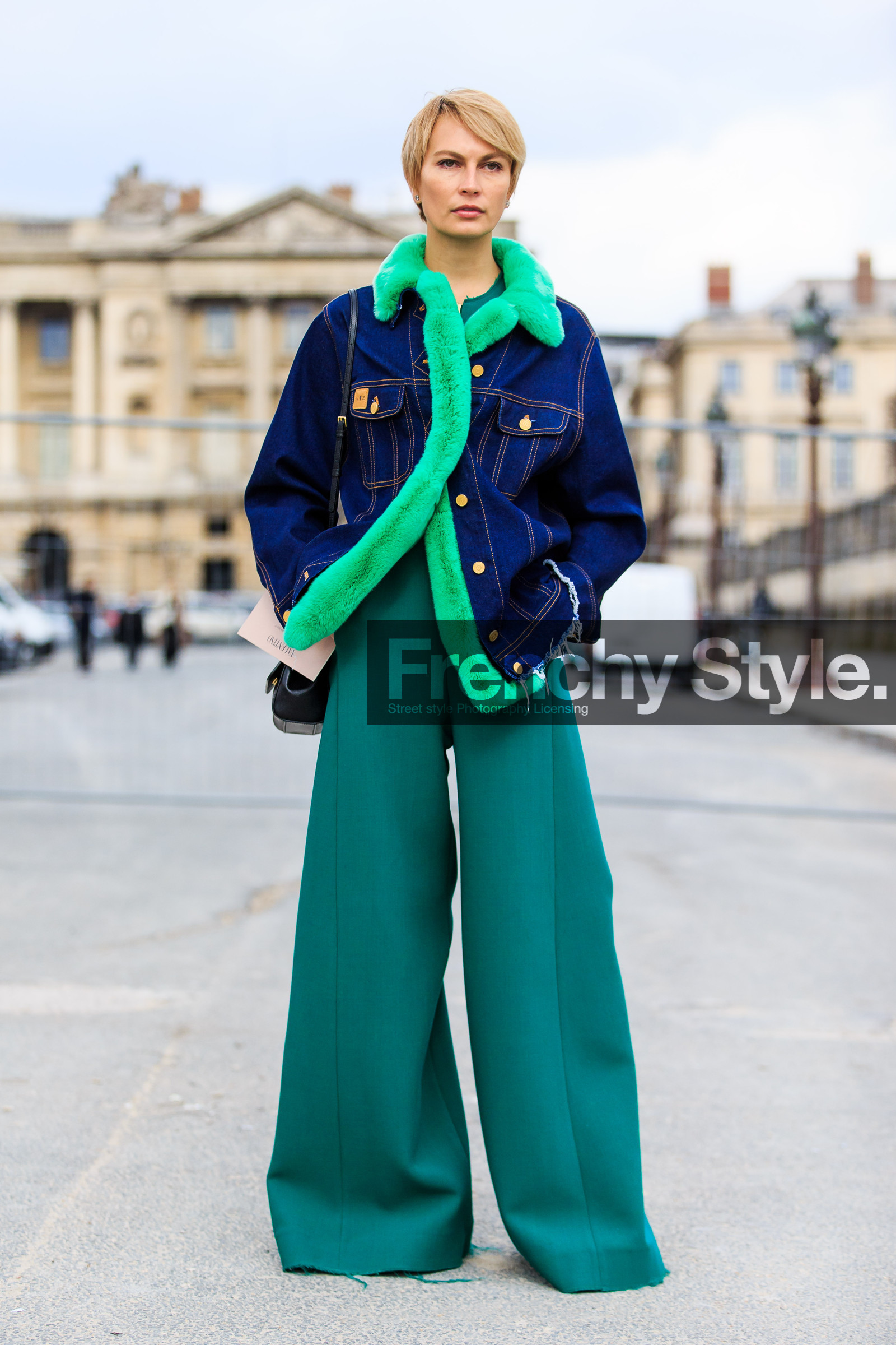 AUTUMN WINTER 2016-2017, AW 16-17, blue denim, denim jacket, FALL WINTER 2016-2017, fashion week, frenchystyle, full length, fur collar, FW, FW 16-17, green fur, green pants, jonathan paciullo, masha tsukanova, PARIS, PFW, street style, trousers, vertical, wide pants