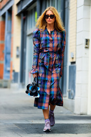 black bag, checked dress, emili sindlev, fashion week, fendi, frenchystyle, full length, FW, graphic dress, jonathan paciullo, leather bag, NEW YORK, nike, NYFW, pink sneakers, plaid, printed dress, purple dress, SPRING SUMMER 2018, SS 18, street style, sunglasses, tartan, vertical