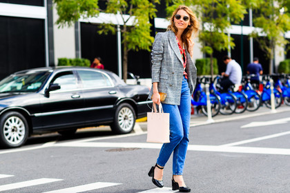 atmosphere details, black shoes, blue denim, checked jacket, denim pants, fashion week, frenchystyle, full length, FW, grey jacket, high heels, horizontal, jeans, jonathan paciullo, leather shoes, NEW YORK, NYFW, plaid, printed shirt, red shirt, SPRING SUMMER 2018, SS 18, street style, sunglasses, trousers