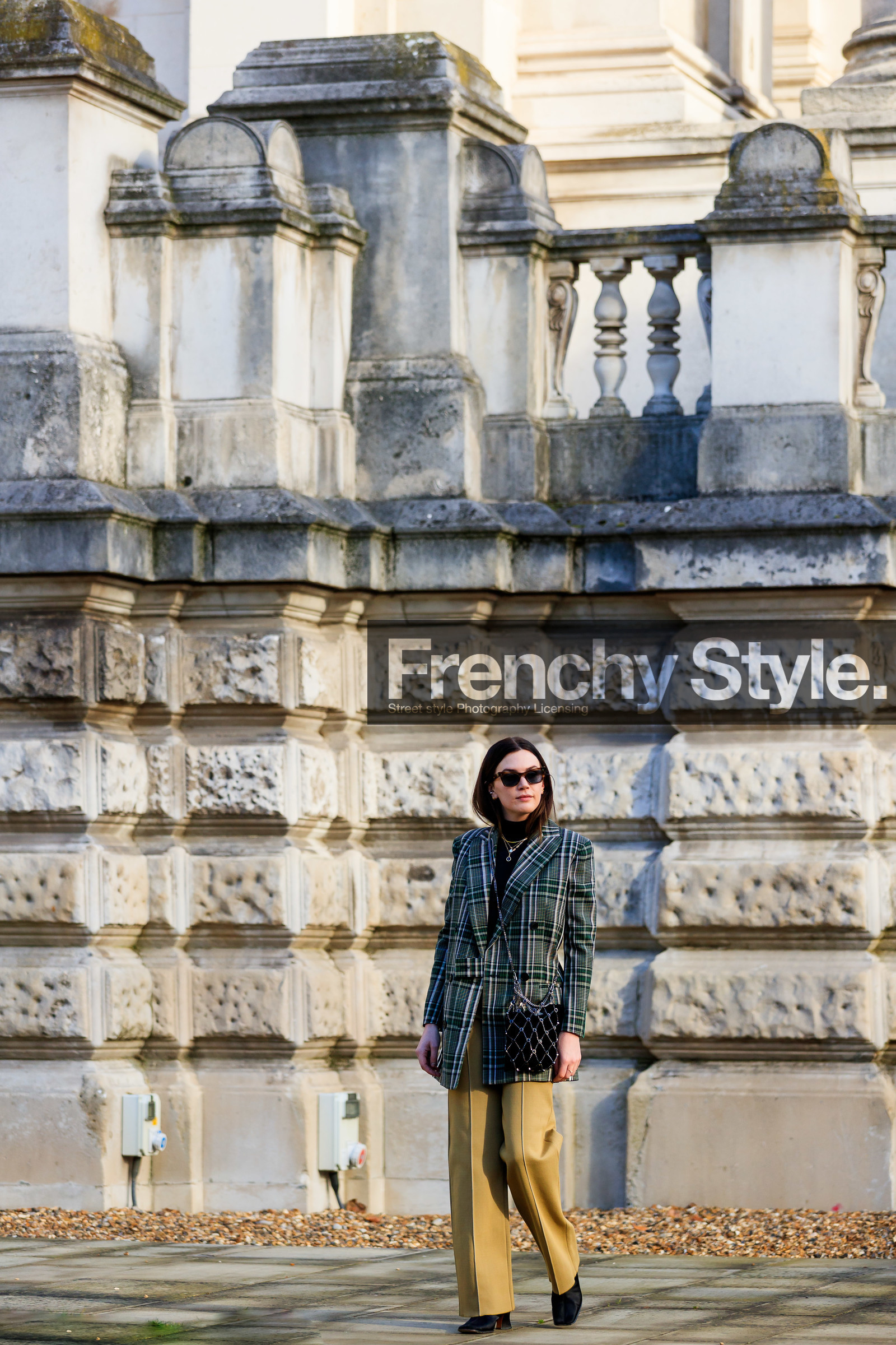 beige pants, black bag, black shoes, black sweater, blazer, chains, checked, graphic jacket, green jacket, leather bag, leather shoes, madelynn furlong, necklace, plaid, printed jacket, sunglasses, tartan, trousers, LONDON, LFW, fashion week, frenchystyle, FW, jonathan paciullo, street style, AUTUMN WINTER 2019-2020, AW 19-20, FW 19-20, FALL WINTER 2019-2020, vertical, full length
