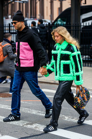 emili sindlev, fur coat, black leather coat, black leather pants, black leather bag, black sneackers, vinyl coat, neon green coat, adidas sneakers, superstar sneakers, louis vuitton bag, week end bag, multicolor bag, monogrammed bag, bowling bag, fashion week, frenchystyle, FW, jonathan paciullo, street style, FALL WINTER 2020-2021, AUTUMN WINTER 2020-2021, FW 20-21, vertical, full length, NYFW, NEW YORK