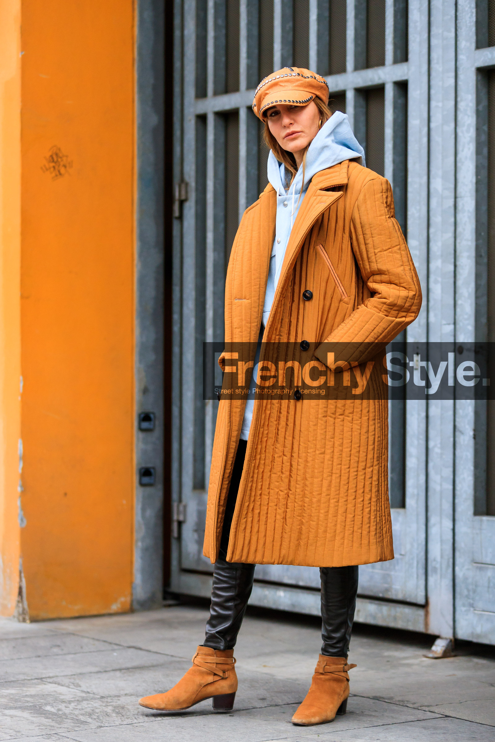 black bag, black pants, blue jacket, brown boot, brown hat, camel coat, fringes, graphic bag, high heels, hood, leather bag, leather pants, leather shoes, printed bag, studs, trousers, orange, fashion week, frenchystyle, FW, jonathan paciullo, street style, MFW, MILAN, AUTUMN WINTER 2018-2019, FALL WINTER 2018-2019, FW 18-19, vertical, full length, ece sukan