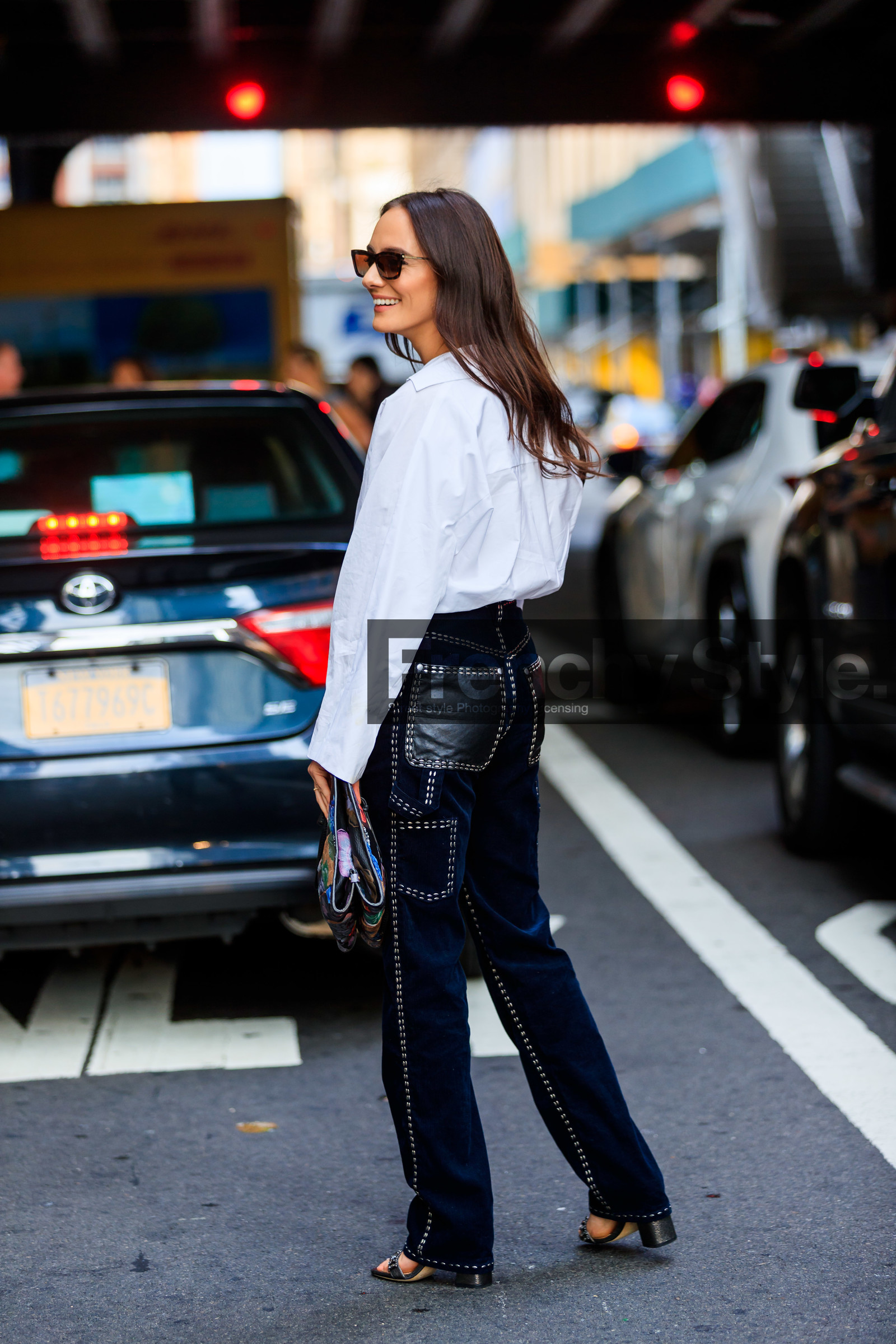 black shoes, blue denim, blue pants, corduroy, denim pants, high heels, jeans, leather pants, leather shoes, studs, sunglasses, trousers, white shirt, street style, jonathan paciullo, FW, frenchystyle, fashion week, NEW YORK, NYFW, SPRING SUMMER 2020, SS 20, vertical, full length