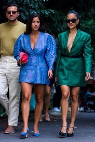 Anna Vitiello, bag, ballon sleeves, belt, belted dress, Bettina Looney, black belt, black heels, black pumps, black sunglasses, blazer dress, blue dress, blue heels, blue pumps, chanel bag, check, color, colored bag, dress, green dress, heels, houndstooth, leather belt, oversize sleeves, print, printed dress, pumps, red bag, saint laurent belt, satined dress, short dress, sunglasses, ysl belt, fashion week, frenchystyle, FW, jonathan paciullo, street style, SPRING SUMMER 2022, SS 22, MFW, MILAN, vertical, full length
