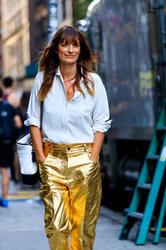 atmosphere details, black and white bag, black bag, caroline de maigret, chanel, detail, fashion week, frenchystyle, FW, golden pants, jonathan paciullo, leather bag, NEW YORK, NYFW, shiny pants, SPRING SUMMER 2018, SS 18, street style, trousers, vertical, white shirt
