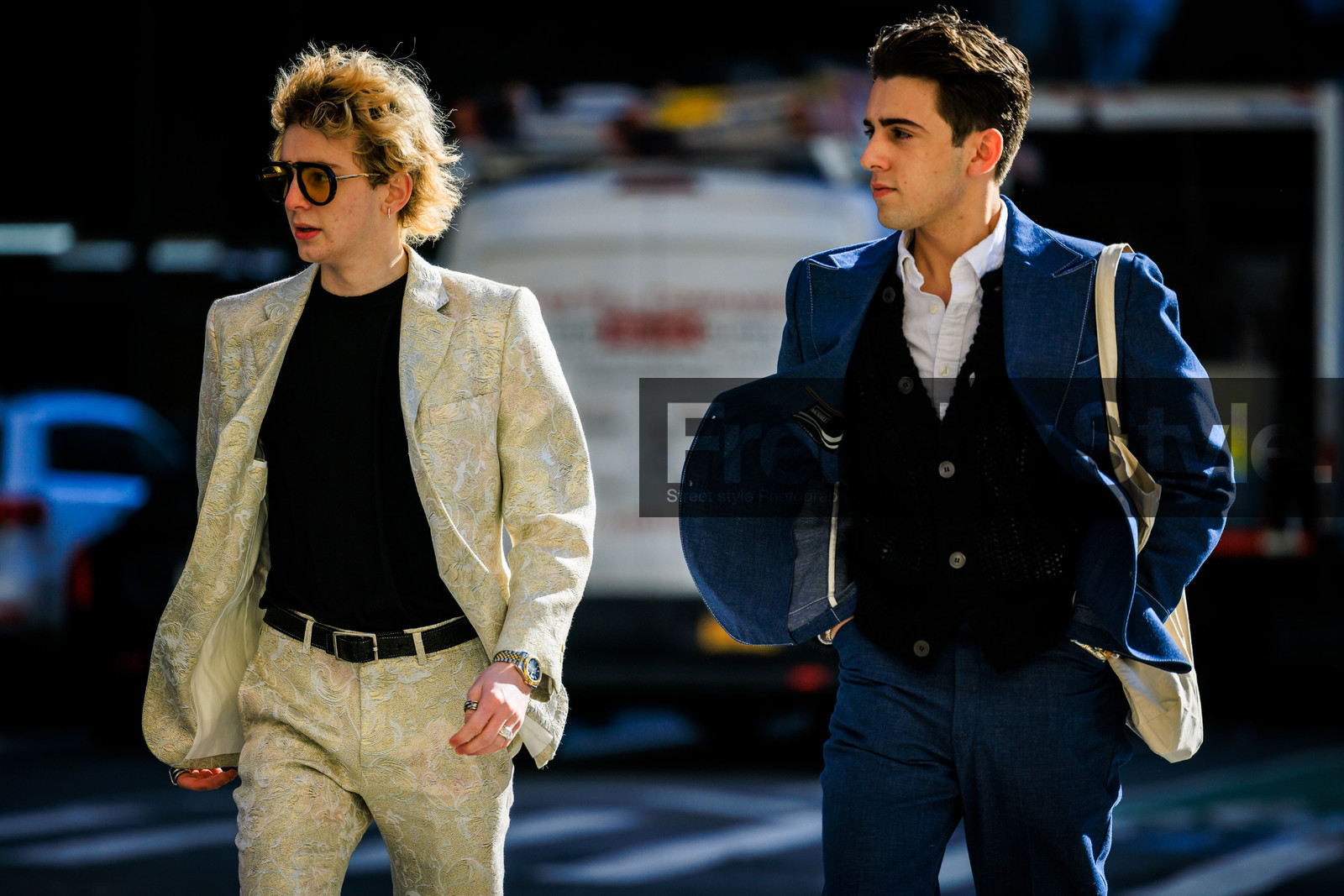 flower printed beige suit, leather belt, black shirt, sunglasses, blue suit, black cardigan, white shirt, fashion week, frenchystyle, FW, jonathan paciullo, street style, NYFW, NEW YORK, AUTUMN WINTER 2022-2023, FALL WINTER 2022_2023, FW 22-23, atmosphere details, horizontal