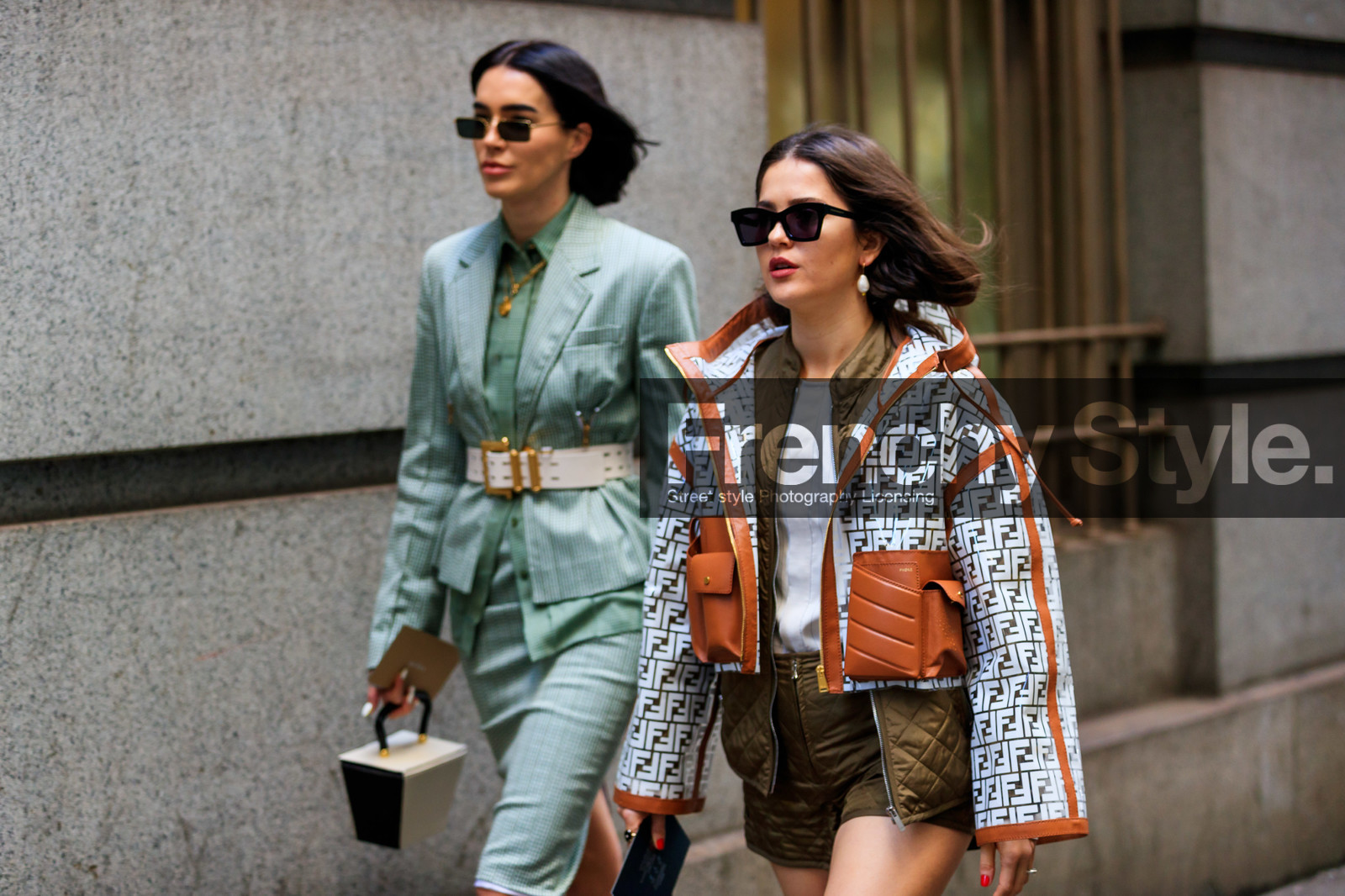 beige bag, brittany xavier, brown jacket, brown shorts, earrings, fendi, graphic jacket, green jacket, green shirt, green skirt, hood, leather bag, leather belt, monogram, necklace, printed jacket, sunglasses, white belt, white jacket, street style, jonathan paciullo, frenchystyle, NYFW, NEW YORK, AUTUMN WINTER 2019-2020, AW 19-20, FALL WINTER 2019-2020, FW 19-20, FW, fashion week, atmosphere details, horizontal, detail