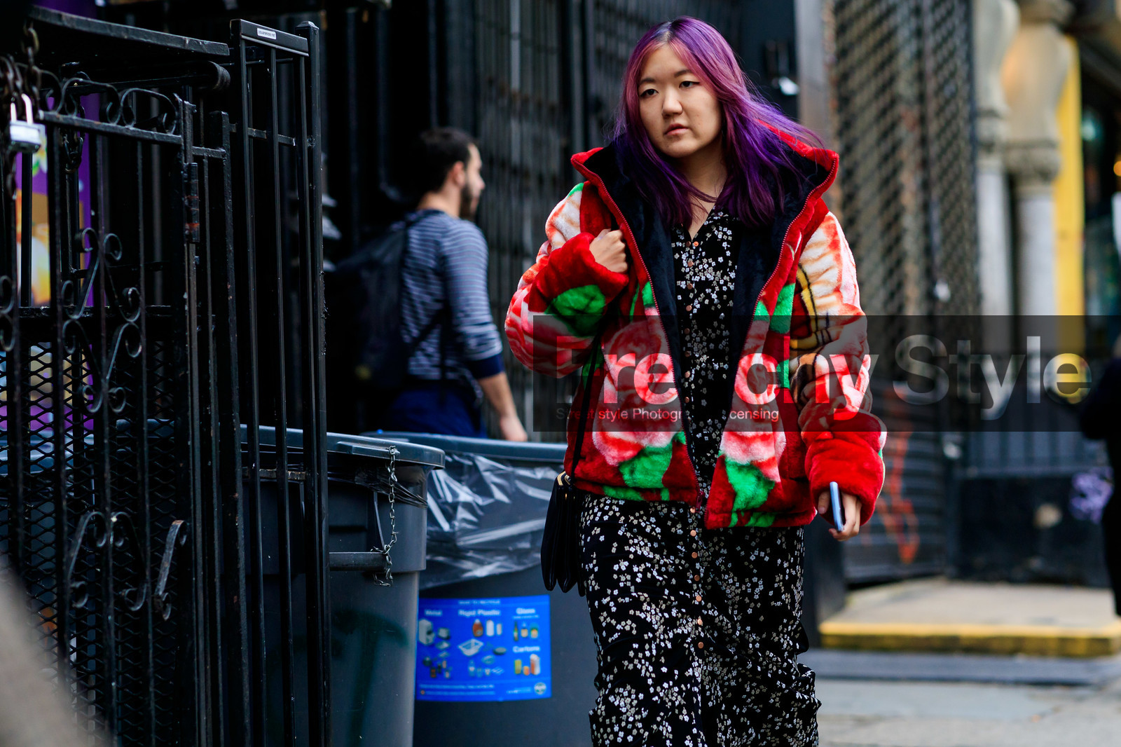 black bag, black dress, dyed hair, graphic dress, graphic jacket, leather bag, multicolor jacket, printed dress, printed jacket, purple hair, red jacket, frenchystyle, jonathan paciullo, street style, NYFW, NEW YORK, AUTUMN WINTER 2019-2020, AW 19-20, FALL WINTER 2019-2020, FW 19-20, fashion week, FW, atmosphere details, horizontal, detail