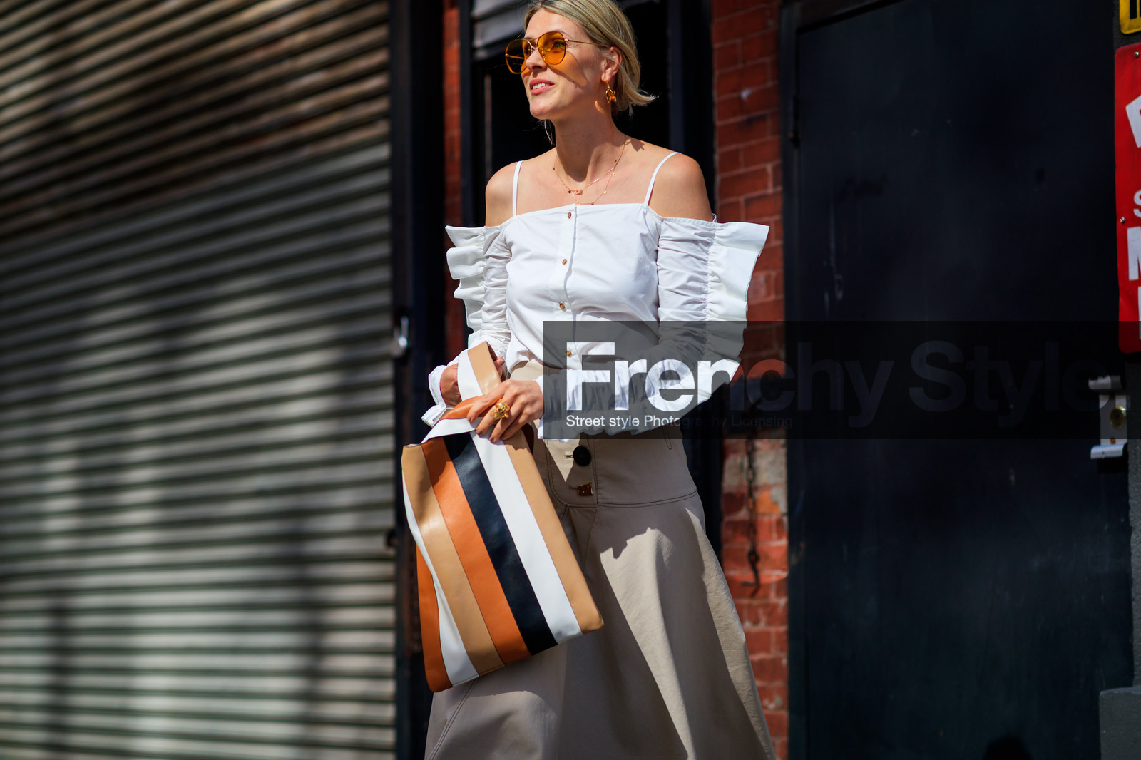 atmosphere details, beige skirt, brown bag, cold shoulder, detail, fashion week, frenchystyle, FW, graphic bag, horizontal, jonathan paciullo, leather bag, NEW YORK, NYFW, printed bag, ruffles, sofie valkiers, SPRING SUMMER 2018, SS 18, street style, striped bag, sunglasses, white shirt