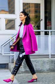 black pants, blazer, caroline issa, fashion week, frenchystyle, full length, FW, grey t shirt, high heels, jonathan paciullo, leather pants, leather shoes, NEW YORK, NYFW, over the shoulder, purple jacket, purple shoes, SPRING SUMMER 2018, SS 18, street style, trousers, vertical