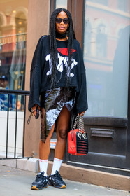 black skirt, black sneakers, black sweater, braids, fashion week, frenchystyle, full length, FW, jan-michael quammie, jonathan paciullo, leather bag, leather skirt, NEW YORK, NYFW, oversize, printed sweater, red bag, SPRING SUMMER 2018, SS 18, street style, sunglasses, supreme, vertical, vinyl, white socks