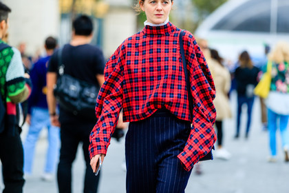 atmosphere details, checked shirt, detail, fashion week, frenchystyle, FW, graphic shirt, horizontal, jonathan paciullo, navy pant, PARIS, PFW, plaid, printed pants, red shirt, SPRING SUMMER 2017, SS 17, street style, striped pants, trousers