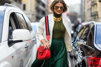 atmosphere details, AUTUMN WINTER 2016-2017, aviator sunglasses, AW 16-17, detail, embroidered jacket, FALL WINTER 2016-2017, fashion week, frenchystyle, FW, FW 16-17, golden jewelry, green skirt, green sweater, green turtleneck, gucci, horizontal, jonathan paciullo, leather bag, LFW, LONDON, MENSWEAR, necklace, pleated skirt, red bag, street style, sunglasses, thassia naves, tucked in, white jacket