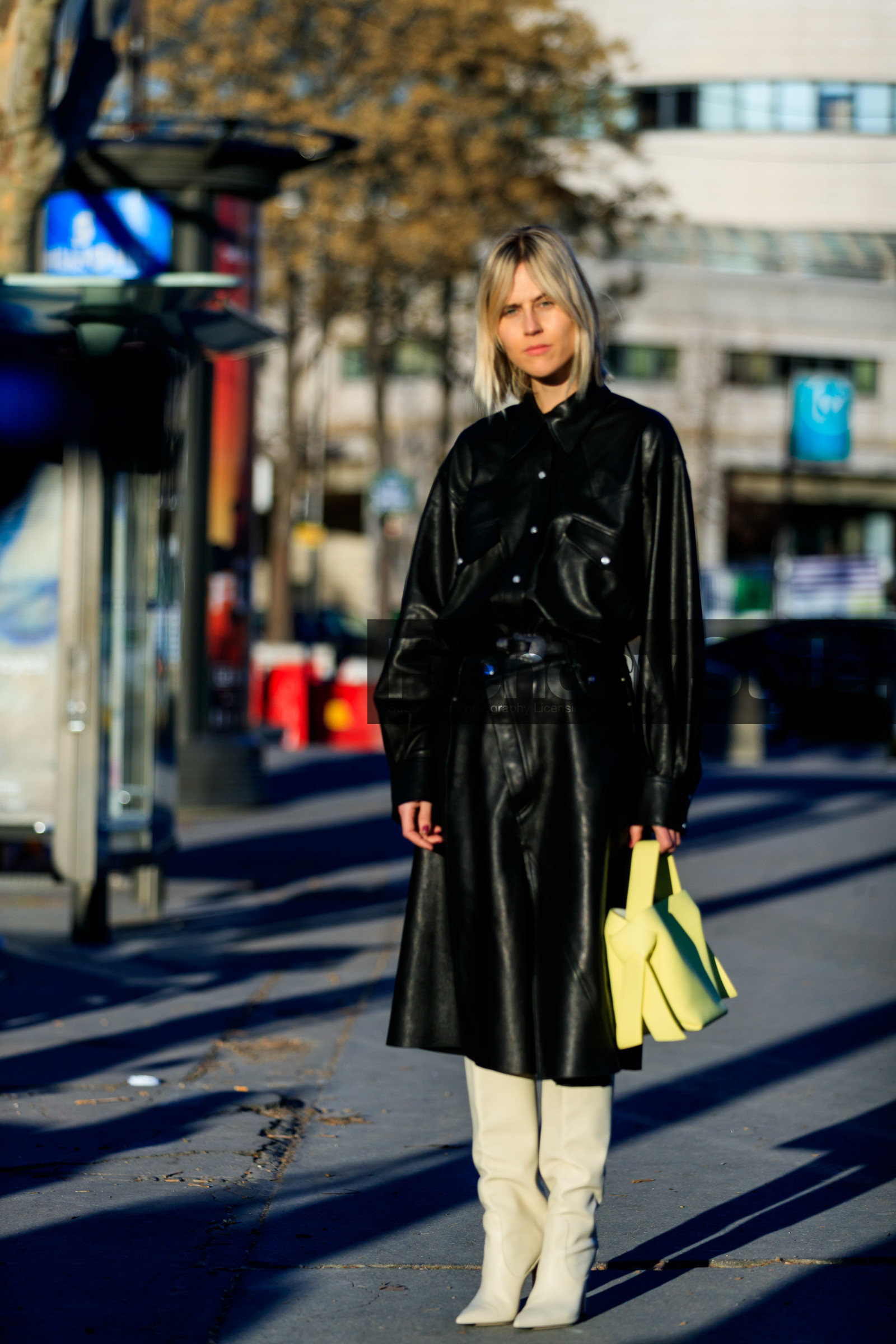 beige boots, black dress, high boots, high heels, leather bag, leather dress, leather shoes, linda tol, loewe, yellow bag, PARIS, PFW, street style, jonathan paciullo, FW, frenchystyle, fashion week, AUTUMN WINTER 2019-2020, AW 19-20, FALL WINTER 2019-2020, FW 19-20, vertical, full length