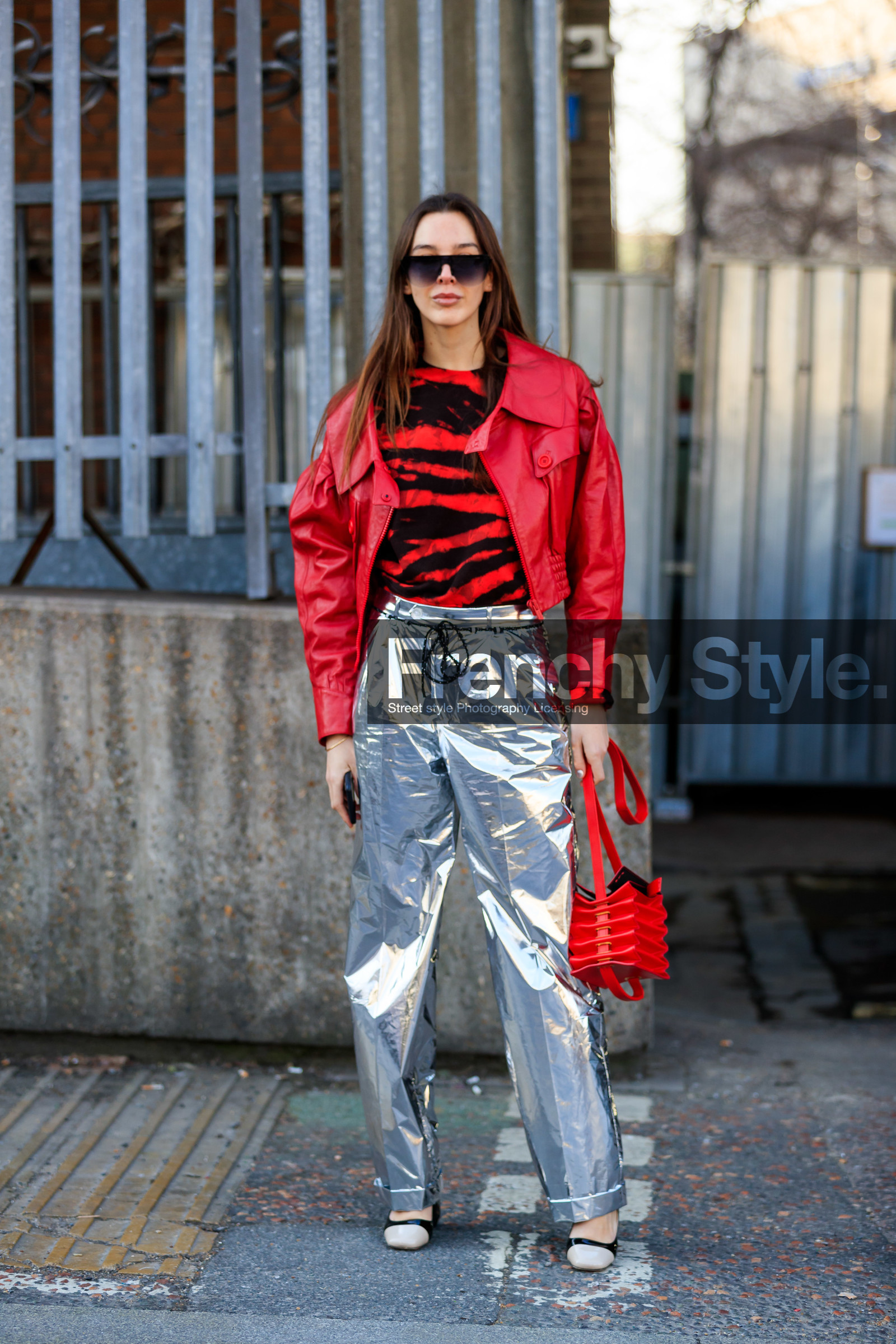 black and white shoes, estelle pigault, leather bag, leather jacket, leather shoes, printed sweater, red bag, red jacket, red sweater, shiny pants, silver pants, sunglasses, trousers, LONDON, LFW, fashion week, frenchystyle, FW, jonathan paciullo, street style, AUTUMN WINTER 2019-2020, AW 19-20, FW 19-20, FALL WINTER 2019-2020, vertical, full length