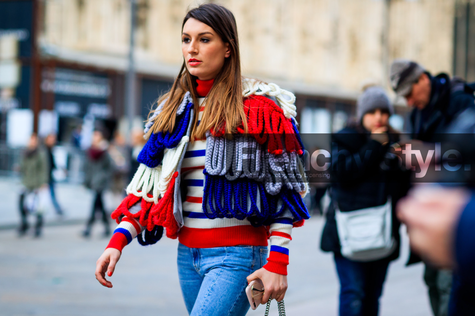 atmosphere details, AUTUMN WINTER 2017-2018, AW 17-18, blue denim, denim pants, detail, embroidered jacket, FALL WINTER 2017-2018, fashion week, frenchystyle, FW, FW 17-18, graphic jacket, graphic sweater, horizontal, jeans, jonathan paciullo, MFW, MILAN, printed jacket, street style, striped sweater, stripes, trousers