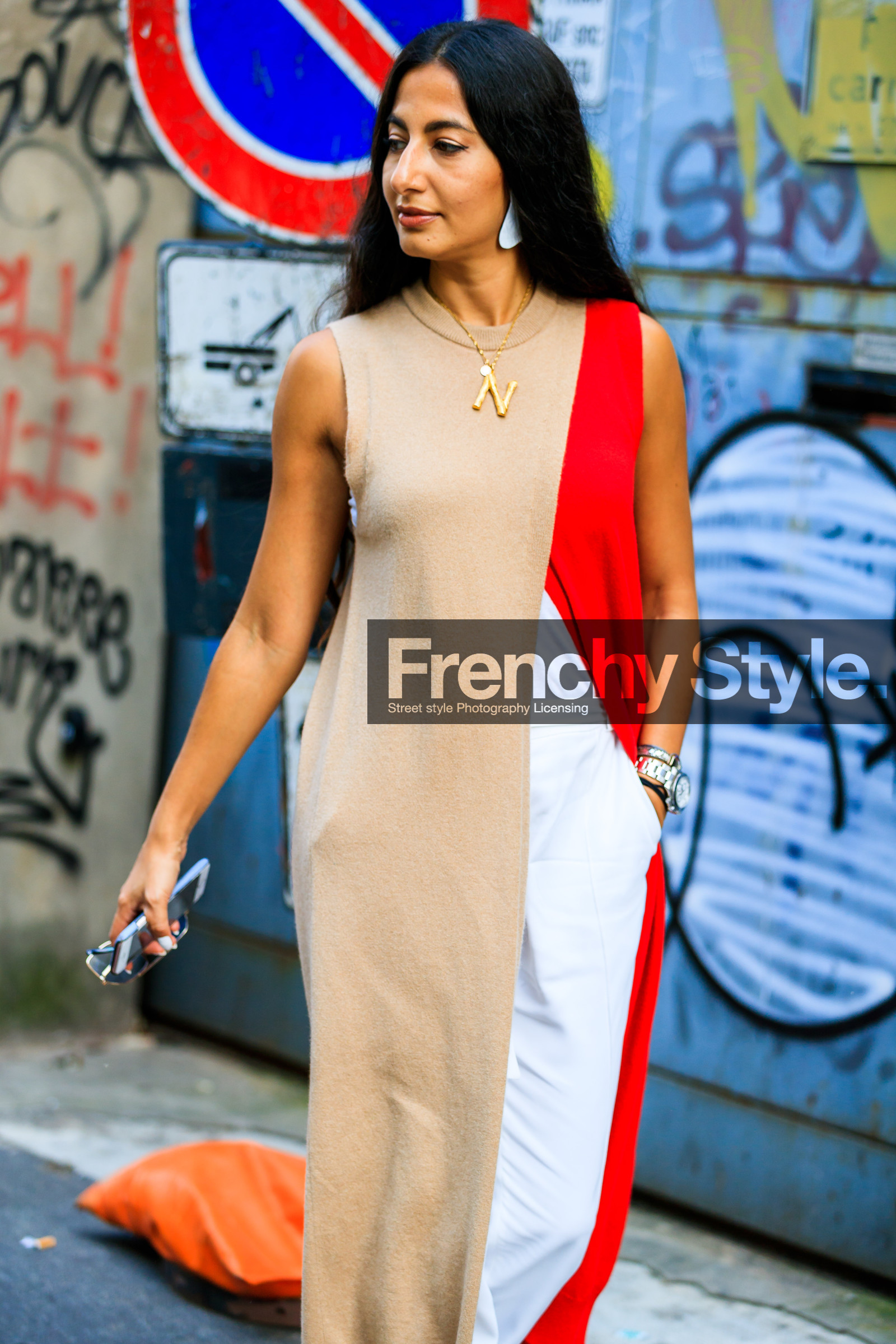 beige dress, céline, graphic dress, nausheen shah, necklace, printed dress, red dress, watch, white pants, fashion week, frenchystyle, FW, jonathan paciullo, street style, MFW, MILAN, SPRING SUMMER 2019, SS 19, vertical, atmosphere details, detail