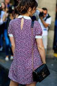 black bag, braids, floral, flowers, graphic dress, leather bag, miu miu, pink dress, printed dress, fashion week, frenchystyle, FW, jonathan paciullo, street style, PFW, PARIS, vertical, detail, atmosphere details, AUTUMN WINTER 2018-2019, FALL WINTER 2018-2019, FW 18-19