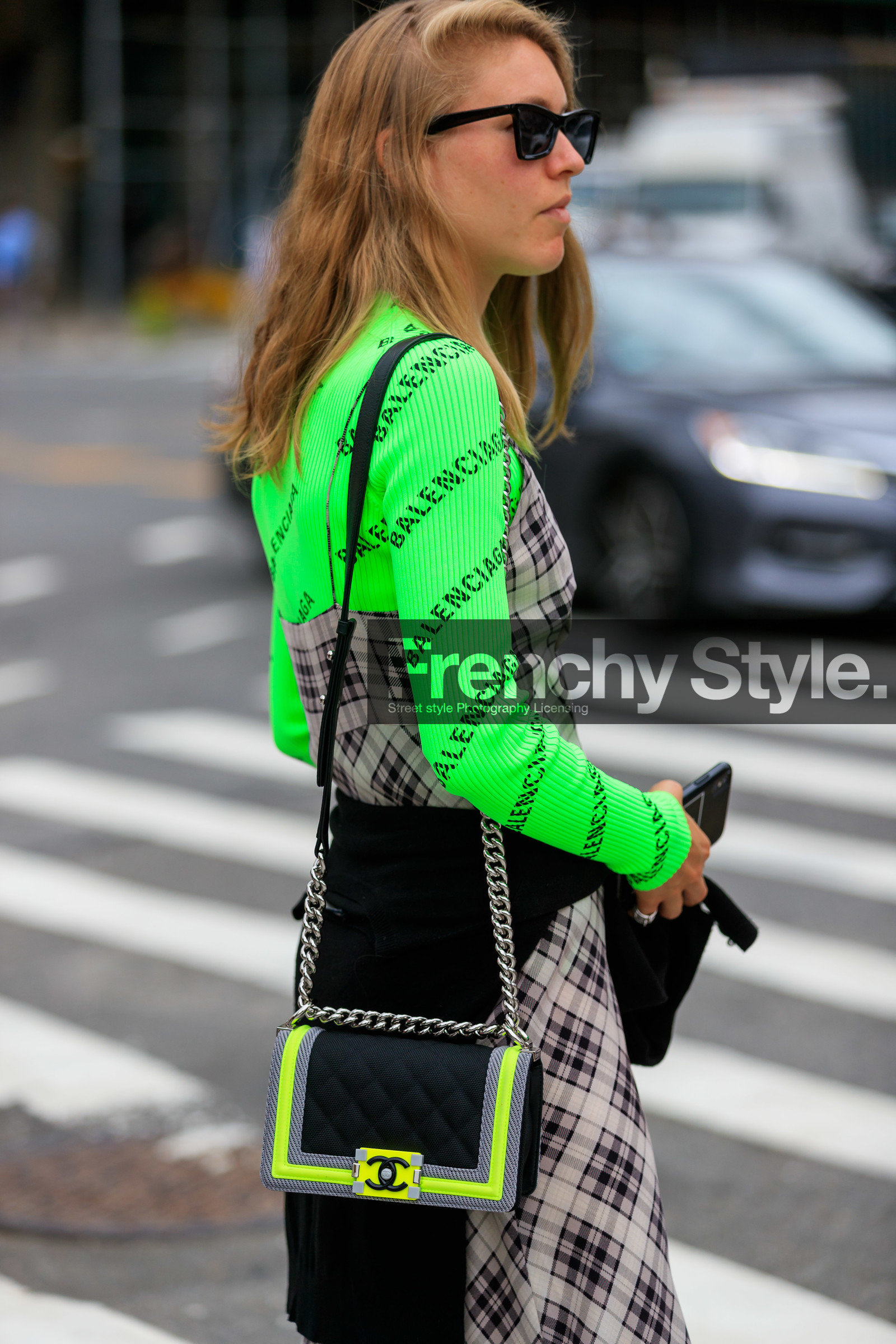 balenciaga, black bag, black sweater, chanel handbag, checked, graphic dress, graphic top, green top, grey dress, jessica minkoff, leather bag, monogram, plaid, printed dress, printed top, sunglasses, tied up sweater, street style, jonathan paciullo, FW, frenchystyle, fashion week, NEW YORK, NYFW, SPRING SUMMER 2020, SS 20, vertical, detail, atmosphere details