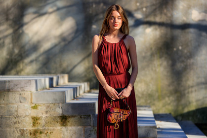 brown bag, camille rowe, christian dior, graphic bag, leather bag, pleated dress, printed bag, red bag, red dress, saddle bag, snake print, PARIS, PFW, street style, jonathan paciullo, FW, frenchystyle, fashion week, AUTUMN WINTER 2019-2020, AW 19-20, FALL WINTER 2019-2020, FW 19-20, horizontal, atmosphere details, detail