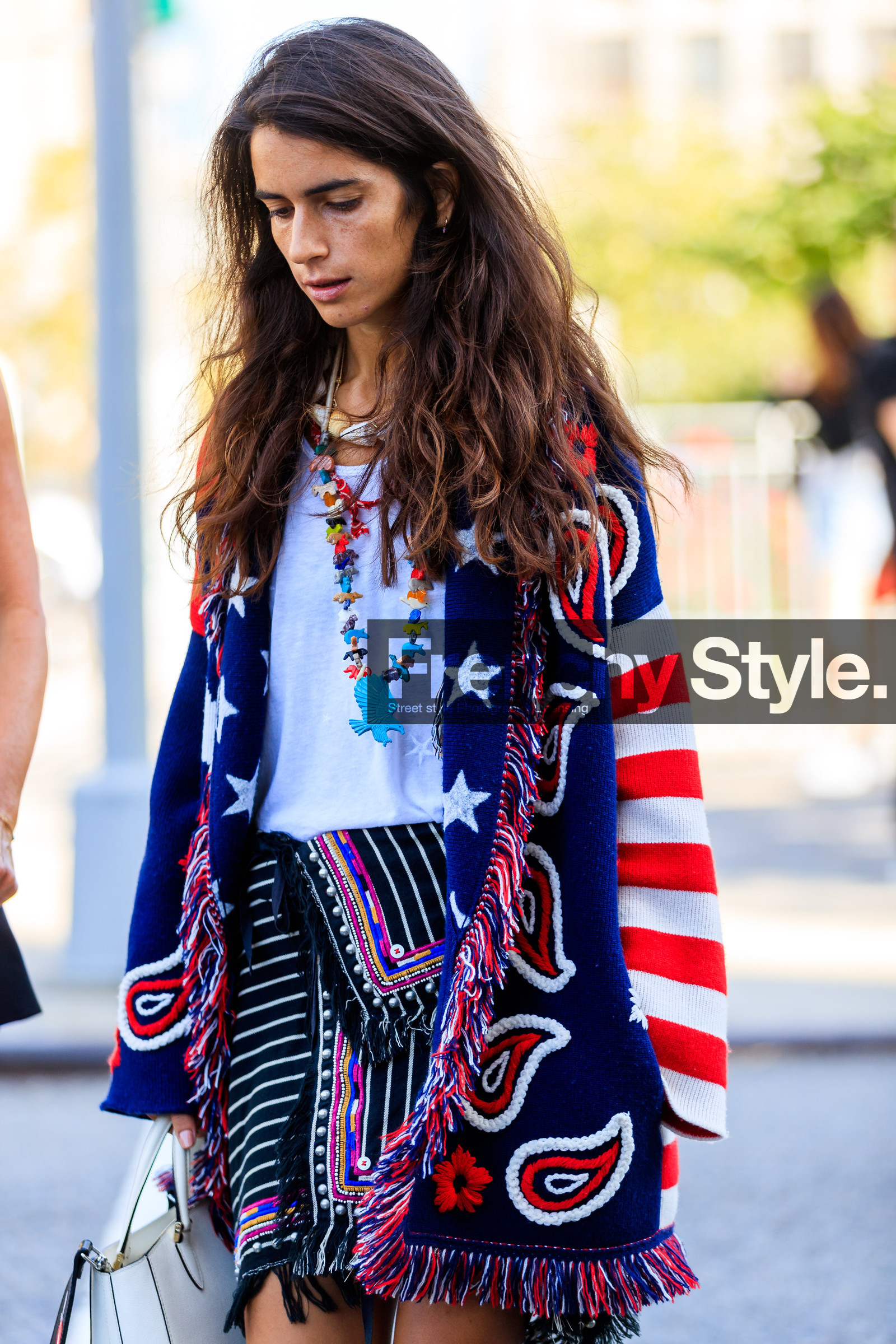 american, atmosphere details, black skirt, blue cardigan, chiara totire, detail, fashion week, frenchystyle, FW, graphic skirt, jonathan paciullo, leather bag, necklace, NEW YORK, NYFW, printed skirt, printed sweater, SPRING SUMMER 2018, SS 18, street style, striped skirt, vertical, white t shirt