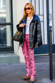 animal print, black bag, black jacket, blanca miro scrimieri, brown boots, christian dior, graphic pants, leather bag, leather shoes, necklace, pink pants, printed pants, snake print, studs, sunglasses, trousers, vinyl, white t shirt, fashion week, frenchystyle, FW, jonathan paciullo, street style, PFW, PARIS, AUTUMN WINTER 2019-2020, AW 19-20, FALL WINTER 2019-2020, FW 19-20, vertical, full length