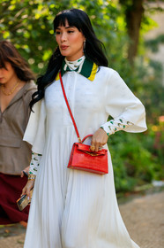 white dress, white top, white total look, polo collar dress, pleated dress, high collar top, monogrammed top, long dress, lacoste dress, lacoste top, lacoste total look, sportswear, sportswear dress, PARIS, PFW, SPRING SUMMER 2020, SS 20, fashion week, frenchystyle, FW, jonathan paciullo, street style, vertical, atmosphere details, detail