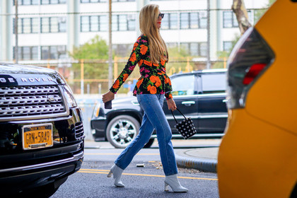 alexander wang, atmosphere details, balenciaga, black bag, blue denim, denim pants, fashion week, floral, flowers, frenchystyle, full length, FW, high heels, horizontal, jeans, joanna hillman, jonathan paciullo, leather bag, leather shoes, multicolor top, NEW YORK, NYFW, printed top, red lips, SPRING SUMMER 2018, SS 18, street style, studs, sunglasses, trousers, white boots