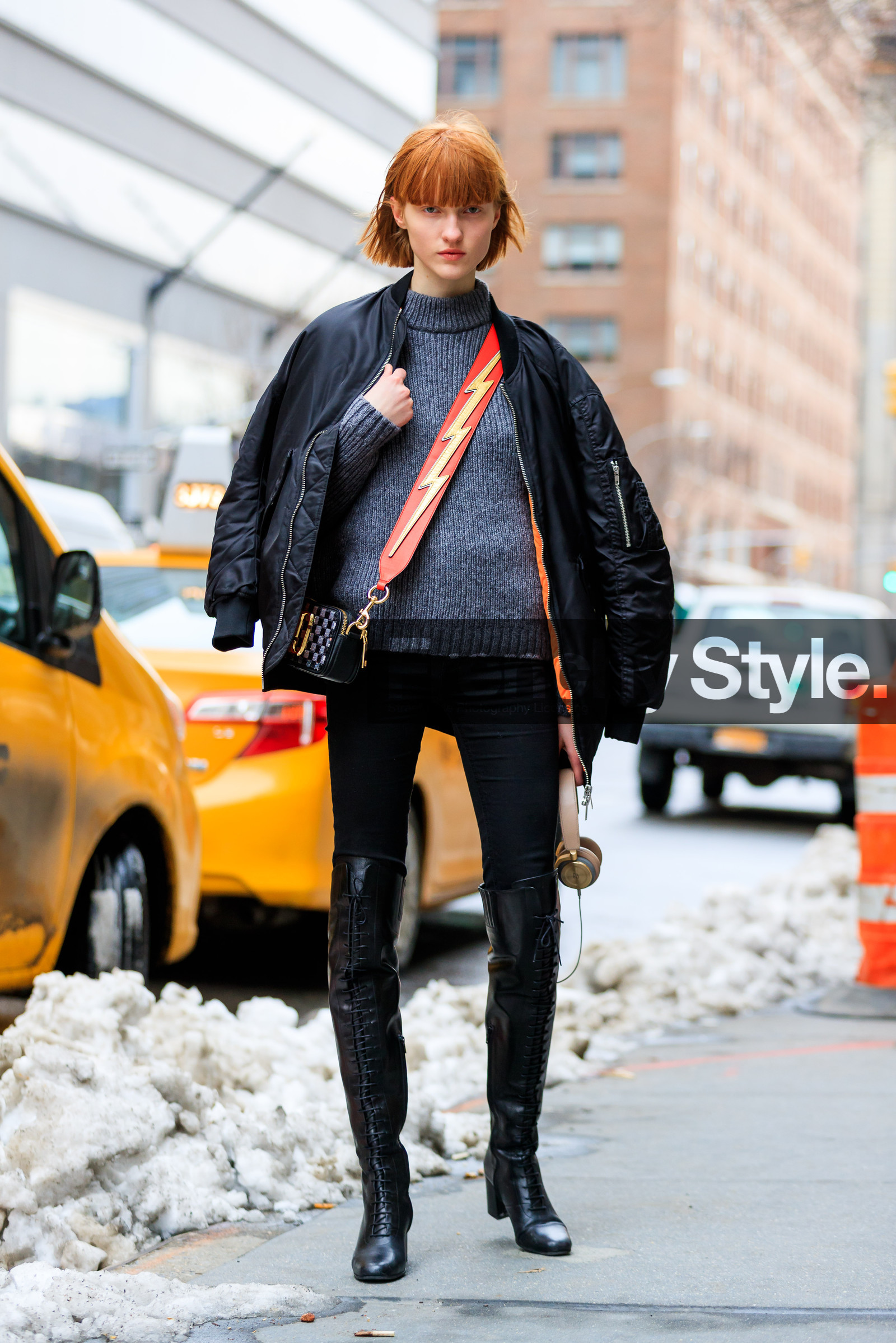 AUTUMN WINTER 2017-2018, AW 17-18, black and white bag, black boots, black denim, black jacket, bomber jacket, denim pants, FALL WINTER 2017-2018, fashion week, frenchystyle, full length, FW, FW 17-18, graphic bag, grey sweater, high boots, high heels, jeans, jonathan paciullo, leather bag, leather boots, model, NEW YORK, NYFW, red bag, red head, street style, trousers, vertical