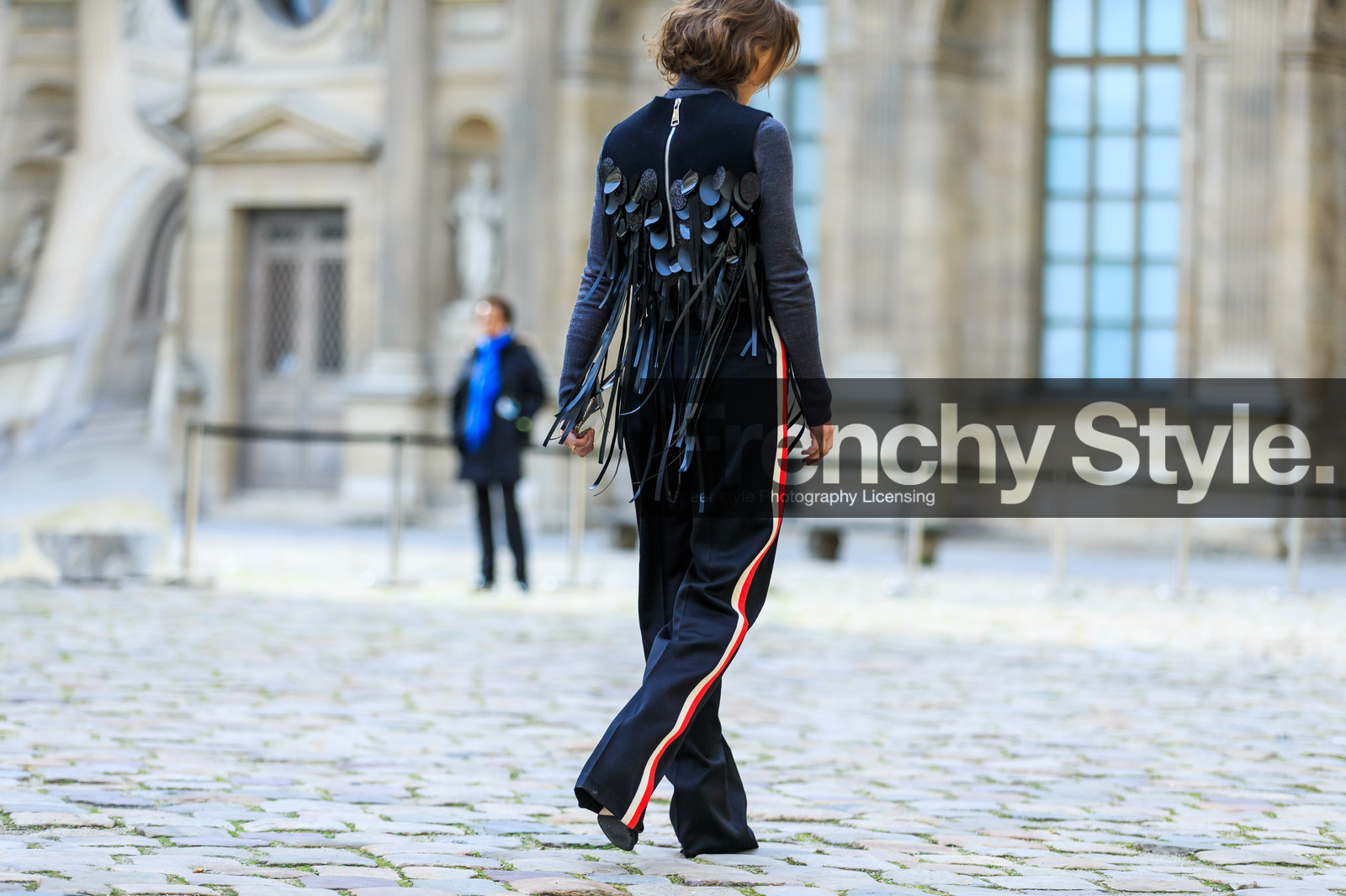 atmosphere details, AUTUMN WINTER 2016-2017, AW 16-17, back detail, black pants, black top, daria shapovalova, detail, embroidered top, FALL WINTER 2016-2017, fashion week, frenchystyle, fringes, FW, FW 16-17, graphic pants, grey turtleneck, horizontal, jonathan paciullo, leather top, PARIS, PFW, printed pants, street style, striped pants, trousers