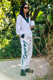 yuyu zhangzou, yuwei zhangzou, lacoste pullover, lacoste pants, lacoste total look, white pullover, white pants, green pullover, green pants, jogging pants, sportswear, bicolor pullover, low necked pullover, black sunglasses, saint laurent sunglasses, PARIS, PFW, SPRING SUMMER 2020, SS 20, fashion week, frenchystyle, FW, jonathan paciullo, street style, vertical, full length