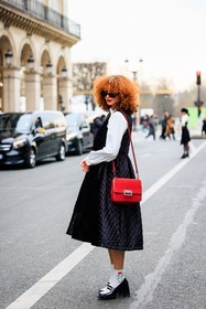 black dress, mini dress, silk dress, white shirt, curl hair, ginger hair, red lips, black sunglasses, black socks, black derbies, white derbies, black tie, red handbag, crossbody bag, fashion week, frenchystyle, FW, jonathan paciullo, street style, AUTUMN WINTER 2022-2023, FALL WINTER 2022_2023, FW 22-23, PFW, PARIS, vertical, full length