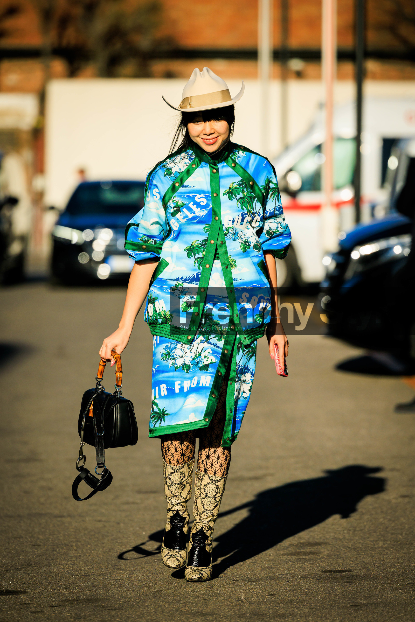 cowboy hat, avoine hat, printed jacket, palms jacket, gucci jakcket, blue jacket, blue skirt, midi skirt, printed skirt, gucci skirt, bamboo gucci bag, leather bag, black bag, fishnet stockings, serpent boots, animal print boots, susie lau, fashion week, frenchystyle, FW, jonathan paciullo, street style, vertical, full length