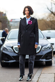 AUTUMN WINTER 2016-2017, AW 16-17, black boots, black coat, black denim, brooch, denim pants, FALL WINTER 2016-2017, fashion week, flower, frenchystyle, full length, FW, FW 16-17, jeans, jonathan paciullo, leather boots, LFW, LONDON, MENSWEAR, overcoat, short hair, street style, trousers, vertical, yasmine sewell