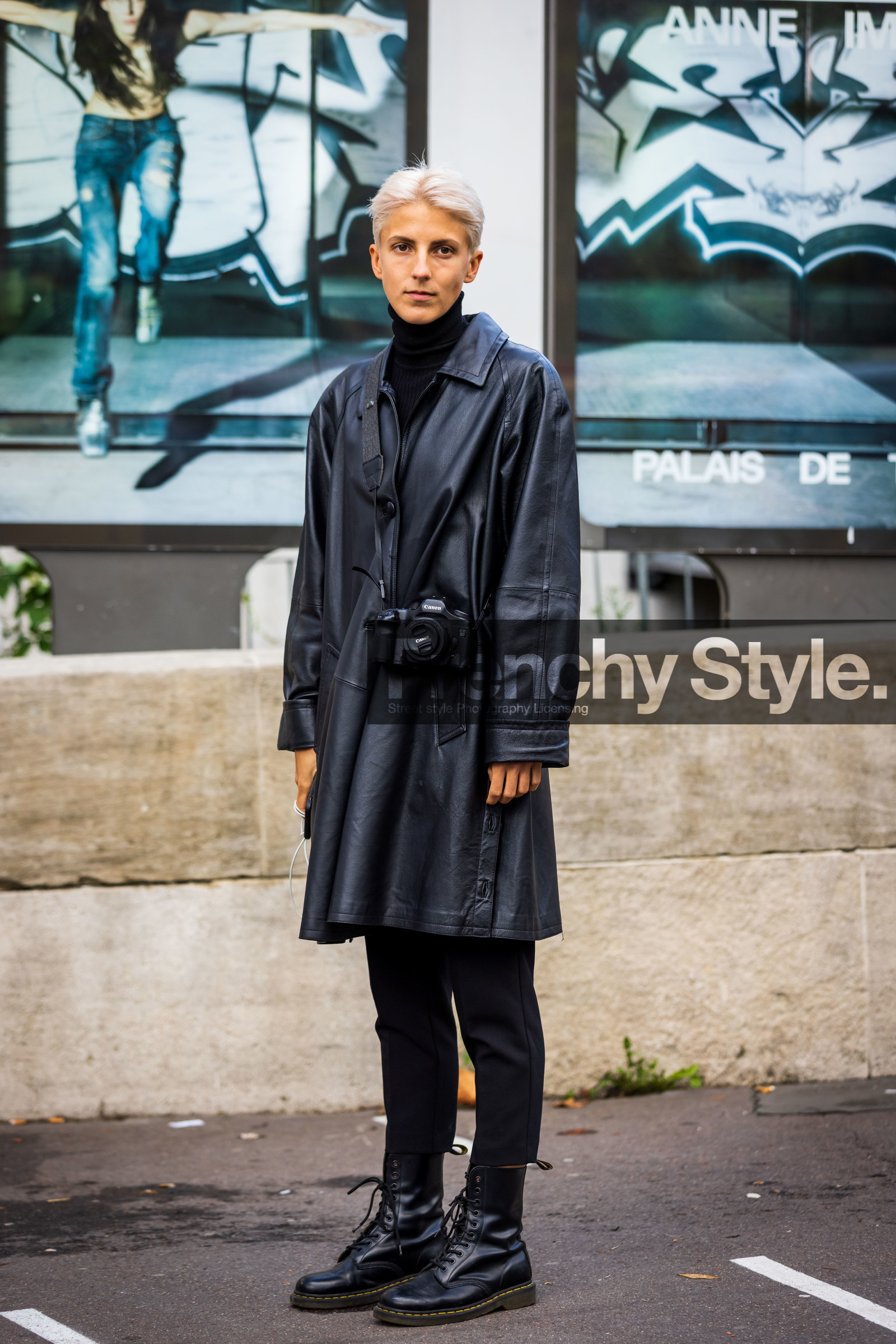black boots, black coat, black monochrome, black pants, black turtleneck, boots, coat, dr martens, leather boots, leather coat, monochrome, turtleneck, fashion week, frenchystyle, FW, jonathan paciullo, street style, PFW, PARIS, SPRING SUMMER 2022, SS 22, vertical, full length