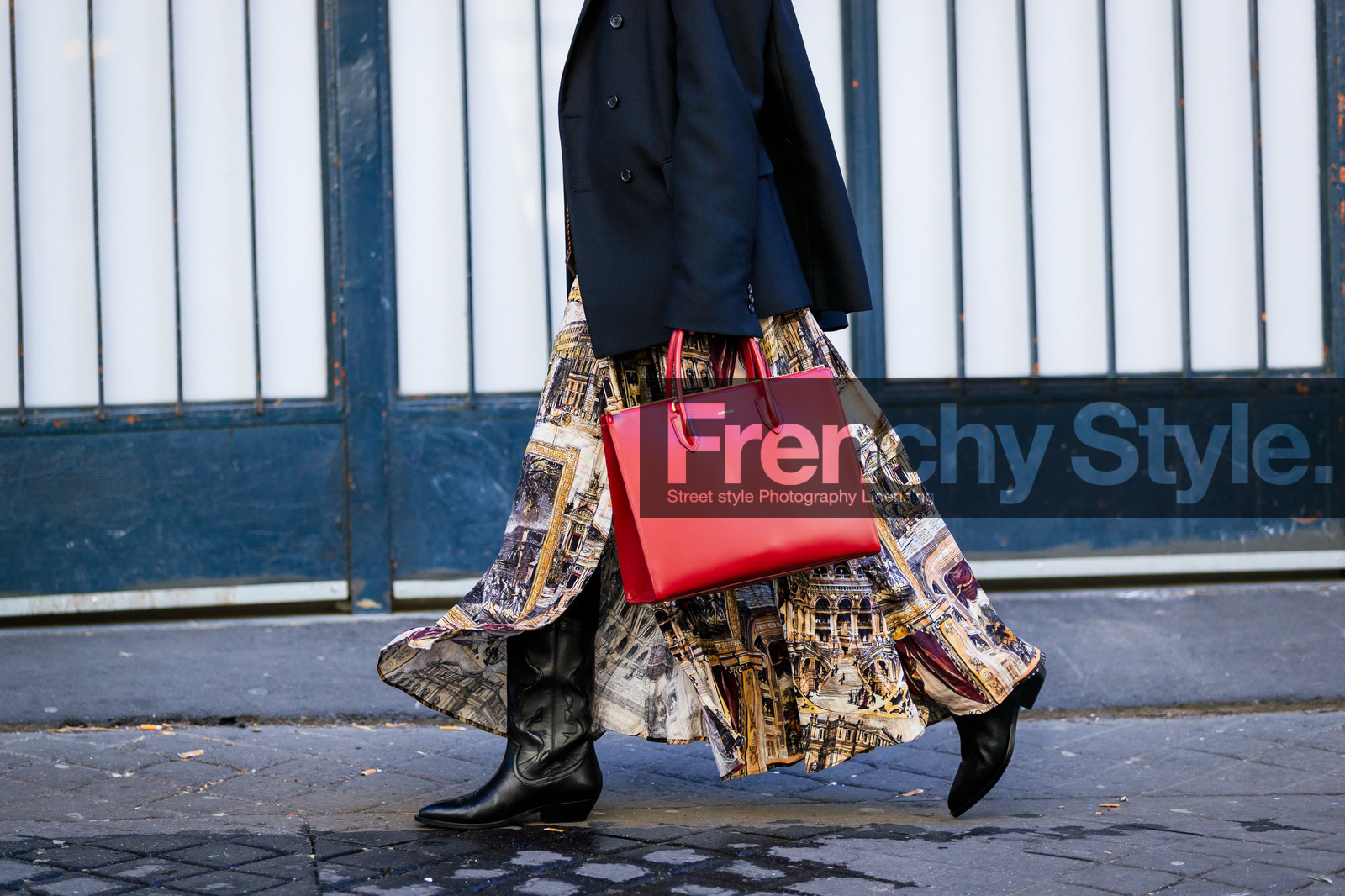 black jacket, black shoes, blazer, brown dress, graphic dress, high boots, leather bag, leather shoes, linda tol, printed dress, red bag, fashion week, frenchystyle, FW, jonathan paciullo, street style, PFW, PARIS, AUTUMN WINTER 2019-2020, AW 19-20, FALL WINTER 2019-2020, FW 19-20, horizontal, atmosphere details, detail