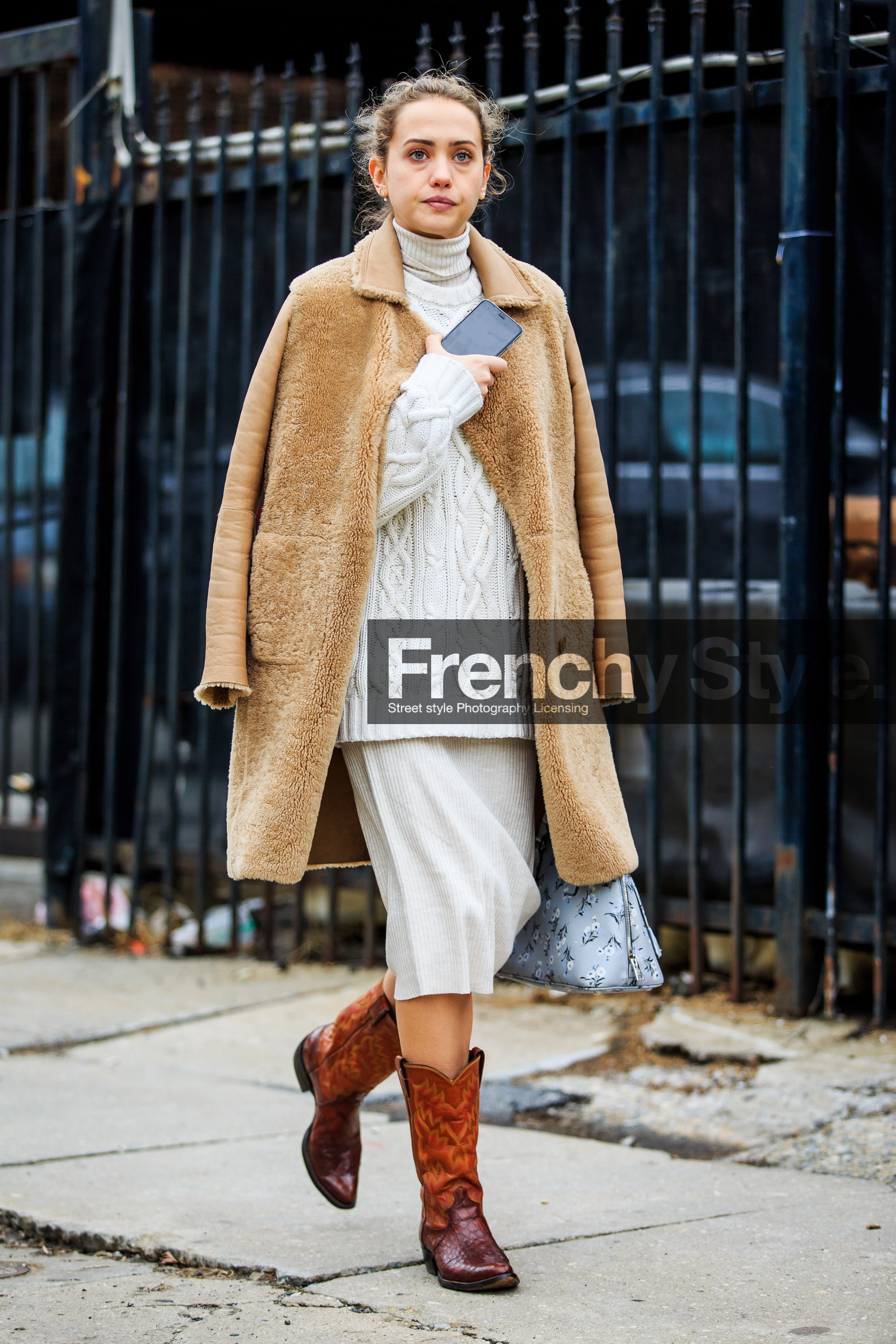 AUTUMN WINTER 2016-2017, AW 16-17, brown boots, brown coat, brown fur, fashion week, floral, flower, frenchystyle, full length, fur coat, FW, FW 16-17, grey bag, high boots, iphone, jonathan paciullo, knit dress, laurel pantin, leather bag, leather boots, NEW YORK, NYFW, over the shoulder, printed bag, santiags, street style, vertical, white knit, white skirt, white sweater, woman, wool skirt