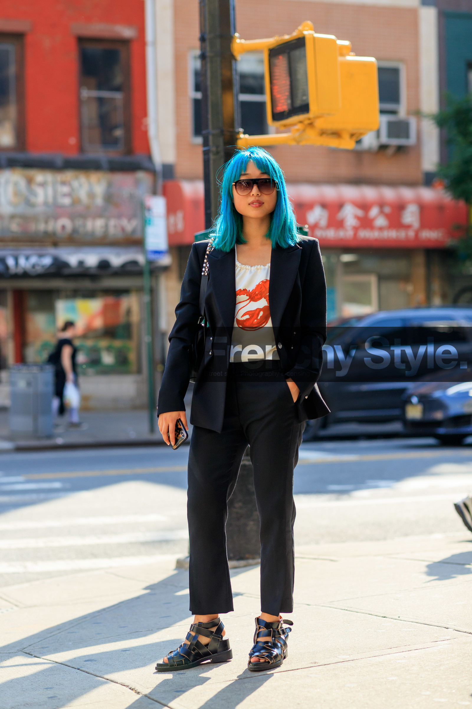 black bag, black jacket, black pants, black shoes, black suit, blazer, blue hair, dyed hair, leather bag, leather shoes, Margaret Zhang, phillip lim, printed t shirt, sunglasses, trousers, white t shirt, street style, jonathan paciullo, FW, frenchystyle, fashion week, NEW YORK, NYFW, SPRING SUMMER 2020, SS 20, vertical, full length