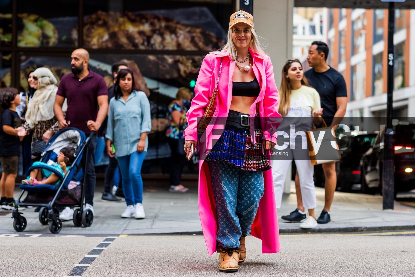 Jaime-Maree Shipton, denim, pink, trench, cap, mini skirt, pleated skirt, plaid shirt, print, handbag, bra, necklace, fashion week, frenchystyle, FW, jonathan paciullo, street style, SPRING SUMMER 2022, SS 22, LFW, LONDON, horizontal, full length, atmosphere details