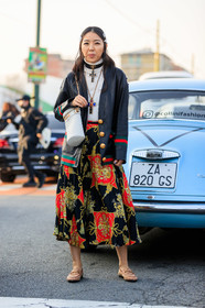 beige shoes, black jacket, black skirt, blazer, choker, graphic skirt, gucci, hair clip, leather bag, leather jacket, leather shoes, loafers, necklace, printed skirt, white bag, white sweater, yuwei zhangzou, fashion week, frenchystyle, FW, jonathan paciullo, street style, MFW, MILAN, AUTUMN WINTER 2019-2020, AW 19-20, FALL WINTER 2019-2020, FW 19-20, vertical, full length