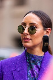balenciaga earrings, big earrings, bra, color, purple blazer, sunglasses, round sunglasses, fashion week, frenchystyle, FW, jonathan paciullo, street style, SPRING SUMMER 2022, SS 22, MFW, MILAN, vertical, atmosphere details