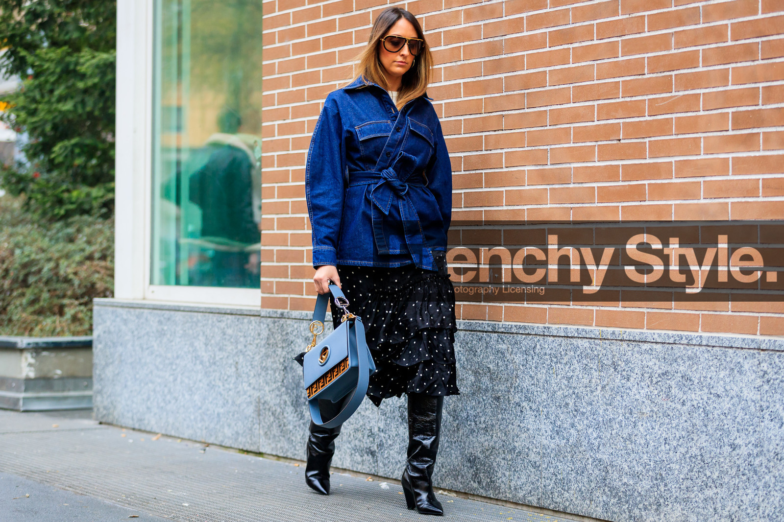 black shoes, black skirt, blue bag, blue denim, denim jacket, fendi, graphic bag, graphic skirt, high boots, high heels, leather bag, leather shoes, polka dot, printed bag, printed skirt, sunglasses, fashion week, frenchystyle, FW, jonathan paciullo, street style, MFW, MILAN, AUTUMN WINTER 2018-2019, FALL WINTER 2018-2019, FW 18-19, horizontal, atmosphere details, full length