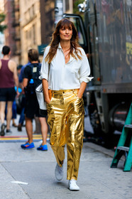 black and white bag, caroline de maigret, chanel, fashion week, frenchystyle, full length, FW, golden pants, jonathan paciullo, leather bag, NEW YORK, NYFW, shiny pants, SPRING SUMMER 2018, SS 18, street style, trousers, vertical, white shirt, white sneakers