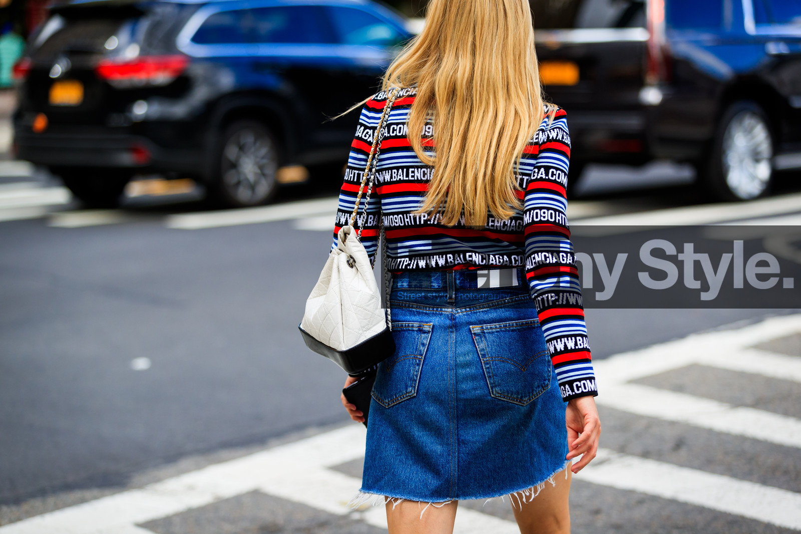 atmosphere details, back detail, balenciaga, black and white bag, blue denim, chanel handbag, denim skirt, detail, fashion week, frenchystyle, FW, graphic sweater, horizontal, jonathan paciullo, leather bag, NEW YORK, NYFW, printed sweater, SPRING SUMMER 2018, SS 18, street style, striped sweater