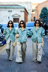 triplets, dark denim jacket, light blue denim jacket, grey pants, bottega veneta pouch, cream pouch, black sunglasses, silver chain necklace, watch, rayban, sunglasses, oversized pants, black buttoned vest, flared pants, black shoes, matching outfit, short hair, the tripletsss, fashion week, frenchystyle, FW, jonathan paciullo, street style, MFW, MILAN, FALL WINTER 2022_2023, AUTUMN WINTER 2022-2023, FW 22-23, vertical, full length