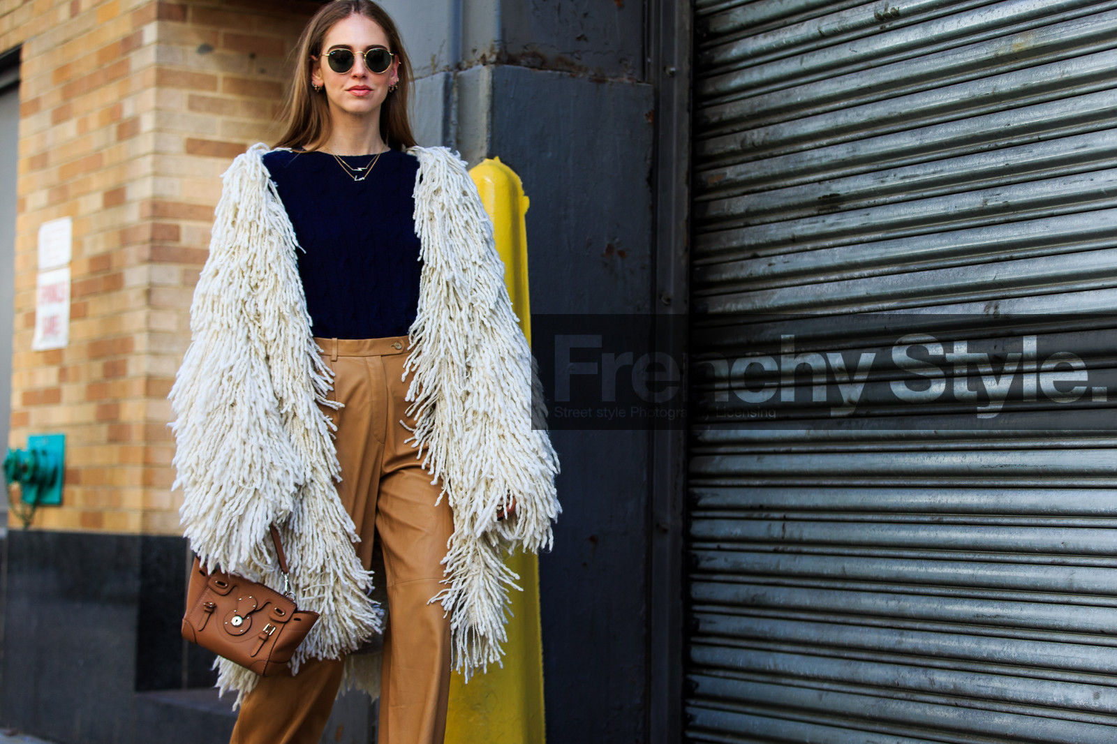 atmosphere details, AUTUMN WINTER 2016-2017, AW 16-17, blue knit, brown bag, brown shoes, camel pants, chiara ferragni, detail, earrings, fashion week, frenchystyle, fringes, FW, FW 16-17, high heels, high waist, horizontal, jonathan paciullo, leather bag, leather pants, leather shoes, navy sweater, necklace, NEW YORK, NYFW, ray ban, street style, sunglasses, trousers, tucked in, white jacket, woman, wool jacket